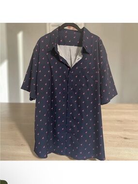 HDE Men's Size 2XL Navy with Pink Flamingo Print Short Sleeve Button-Down Shirt